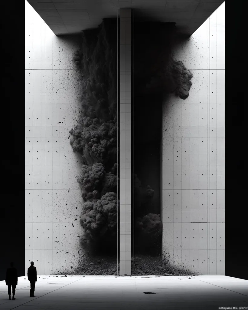 A monochrome image depicts a minimalist concrete structure.  A dark, cloud-like mass, seemingly made of dust or debris, erupts from a central fissure, filling the space between two tall walls.  Two silhouetted figures stand observing the scene, adding a sense of scale and contemplation to the otherwise stark architectural setting. The overall mood is one of dramatic stillness and unsettling beauty.