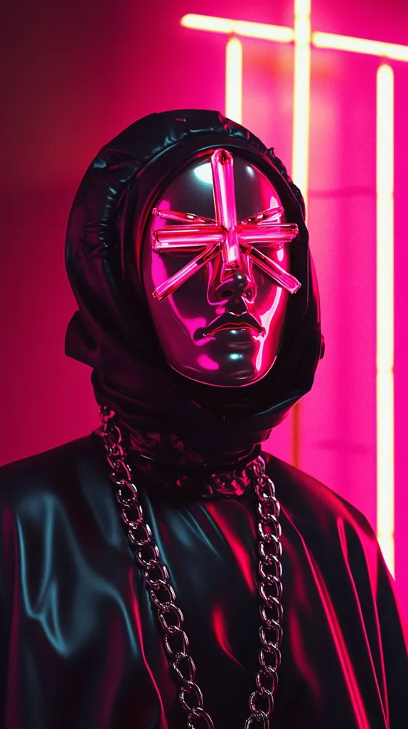 A figure cloaked in dark, lustrous fabric wears a metallic pink mask with a radiating, cross-like design.  The mask obscures the face entirely. A heavy silver chain necklace adds to the mysterious and somewhat ominous aesthetic. The background is a vibrant pink, illuminated by a neon cross, creating a striking contrast. The overall style is futuristic and cyberpunk-inspired.