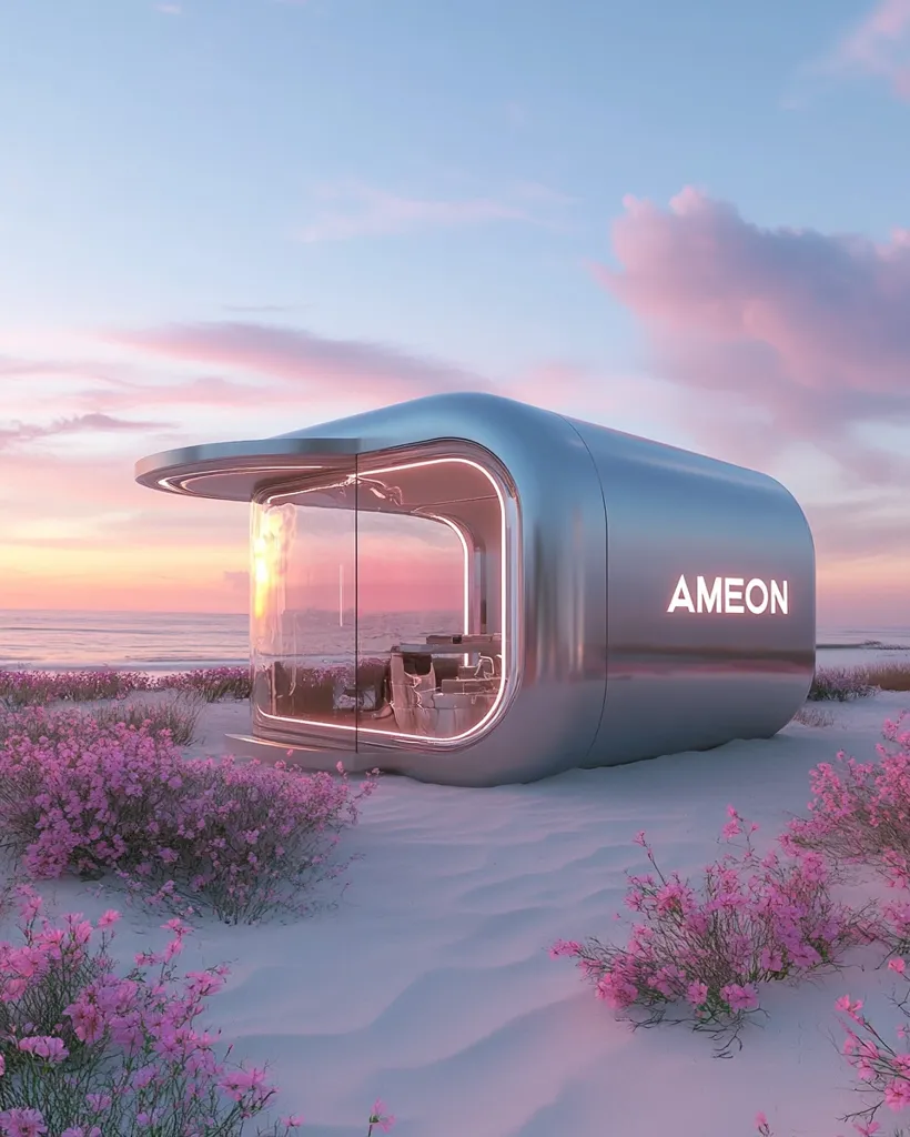 A sleek, silver Ameon kiosk stands on a pristine beach at sunset.  The structure's curved design features large glass panels offering ocean views.  Pink wildflowers dot the sand, creating a serene and futuristic coastal scene.  The soft, pastel colors of the sky and flowers complement the modern architecture.