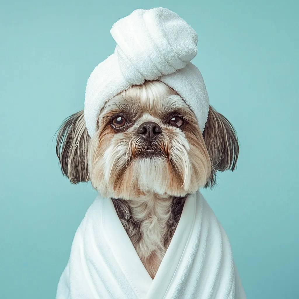A small, fluffy dog, possibly a Shih Tzu mix, is elegantly dressed in a white bathrobe and matching head wrap.  The dog has a serious expression, looking directly at the camera against a pale teal background. The image is styled like a spa advertisement, highlighting the dog's pampered appearance.