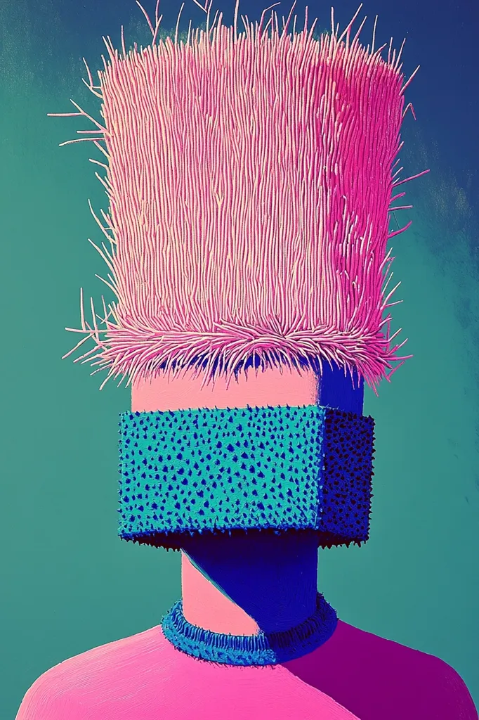 A vibrant digital artwork depicts a stylized figure.  The figure is adorned with a large, pink, textured headpiece resembling a fluffy crown, and a teal mask with a bumpy texture covering its face.  The figure's body is pink, and it wears a blue collar. The colors are bold and contrasting against a teal background, creating a surreal and striking visual. The style is reminiscent of contemporary digital painting or graphic design.