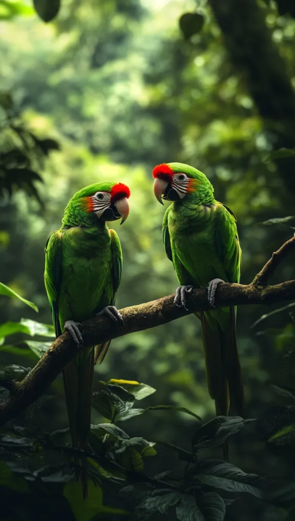 Two vibrant green parrots with red foreheads perch on a branch in a lush, verdant rainforest.  Their plumage is brilliantly colored against the deep green background of leaves and trees. The parrots appear to be interacting, creating a captivating scene of wildlife in its natural habitat. The image's focus is sharp, highlighting the birds' detailed feathers.