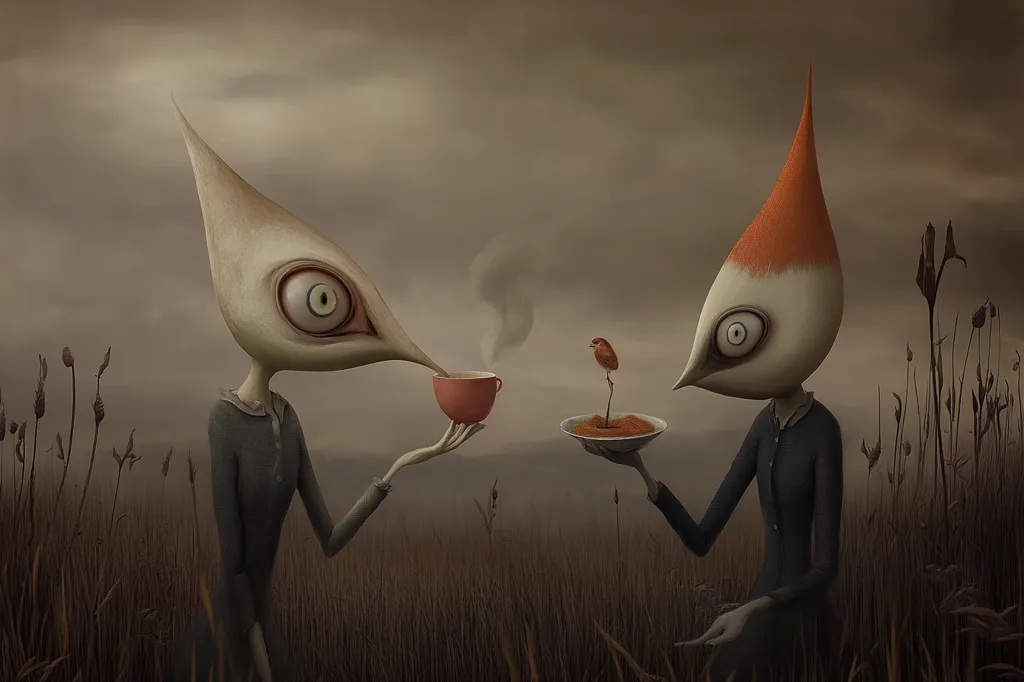 Two surreal creatures with elongated heads and single eyes share a quiet moment in a desolate field.  One holds a small cup of steaming liquid, the other offers a small bird on a dish. The muted colors and desolate landscape create a melancholic and mysterious atmosphere. The scene evokes a sense of loneliness and contemplation.
