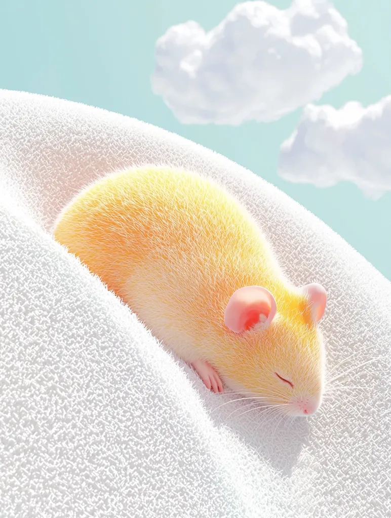A fluffy, pale yellow mouse naps peacefully on a soft, white, textured surface.  The mouse's eyes are closed, and its pink ears are visible.  A light blue sky with fluffy white clouds is visible in the background, creating a serene and dreamy atmosphere. The overall image is soft and pastel-toned.