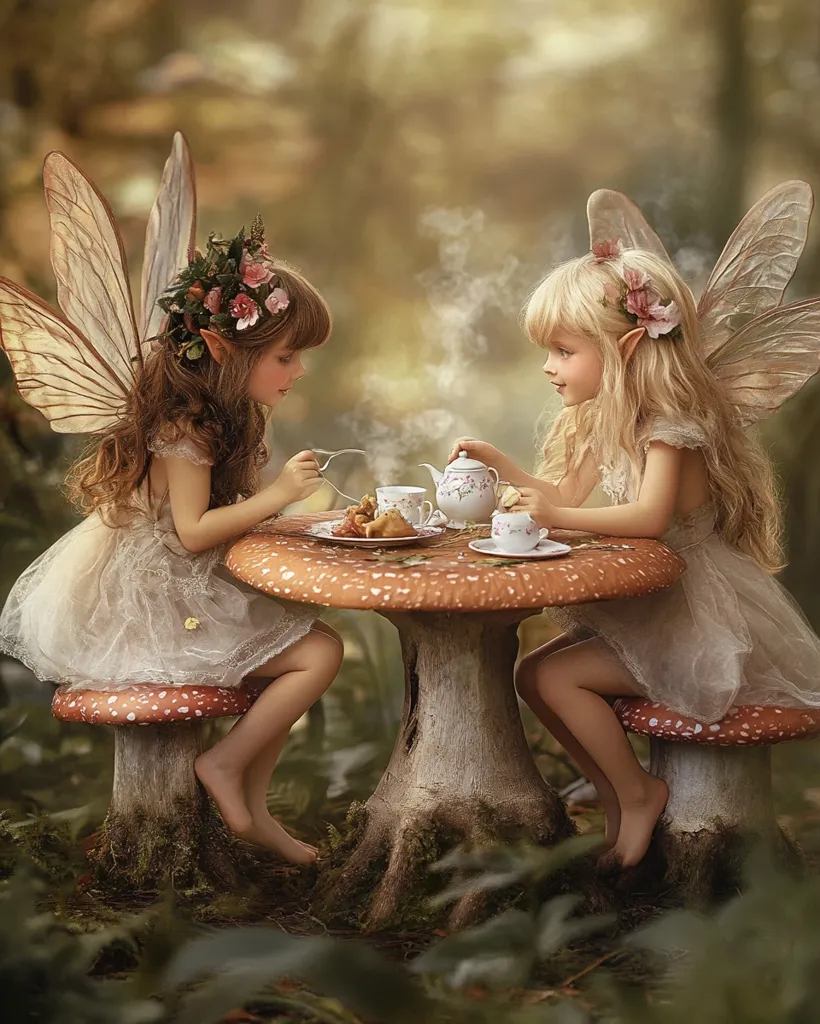 Two enchanting fairies, adorned with delicate wings and floral headpieces, partake in an idyllic tea party.  Seated on mushroom stools around a whimsical mushroom table, they sip tea and savor pastries. The scene is set in a mystical forest, bathed in soft, ethereal light, creating a captivating and magical atmosphere.