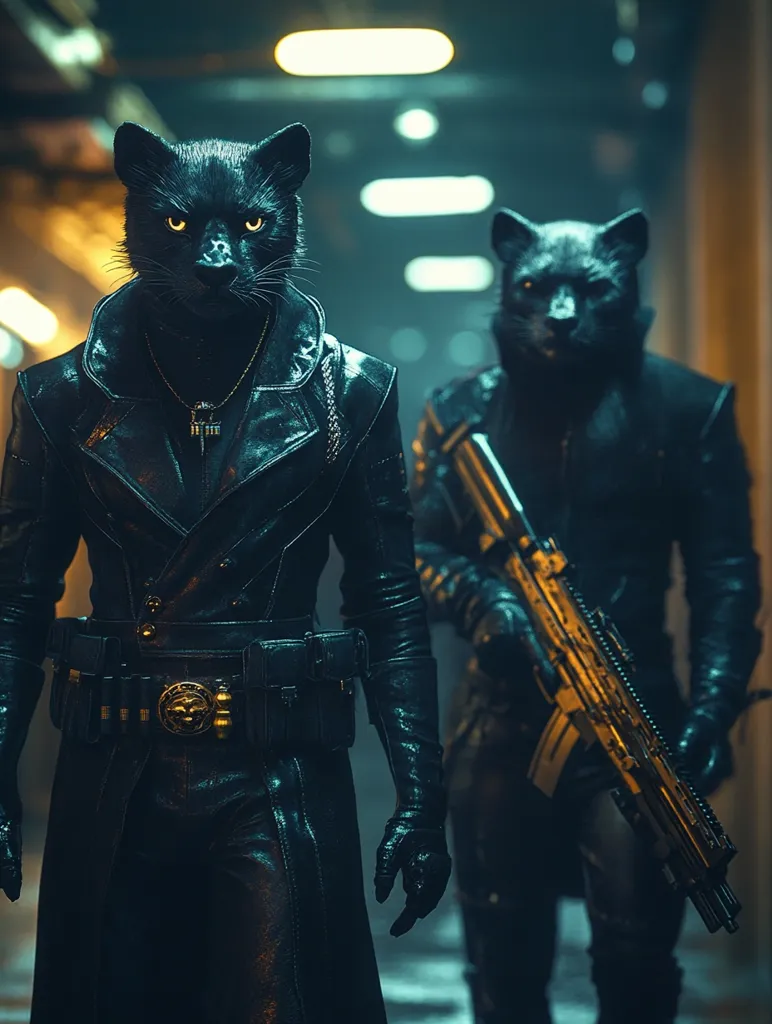 Two anthropomorphic black panthers, clad in dark leather trench coats and gloves, stand in a dimly lit alleyway.  One panther carries a large, futuristic rifle.  Their attire suggests a cyberpunk or dystopian setting.  The image evokes a sense of mystery and danger, with the panthers appearing both powerful and menacing.  Gold accents on their clothing and weaponry add a touch of luxury to their otherwise harsh appearance.