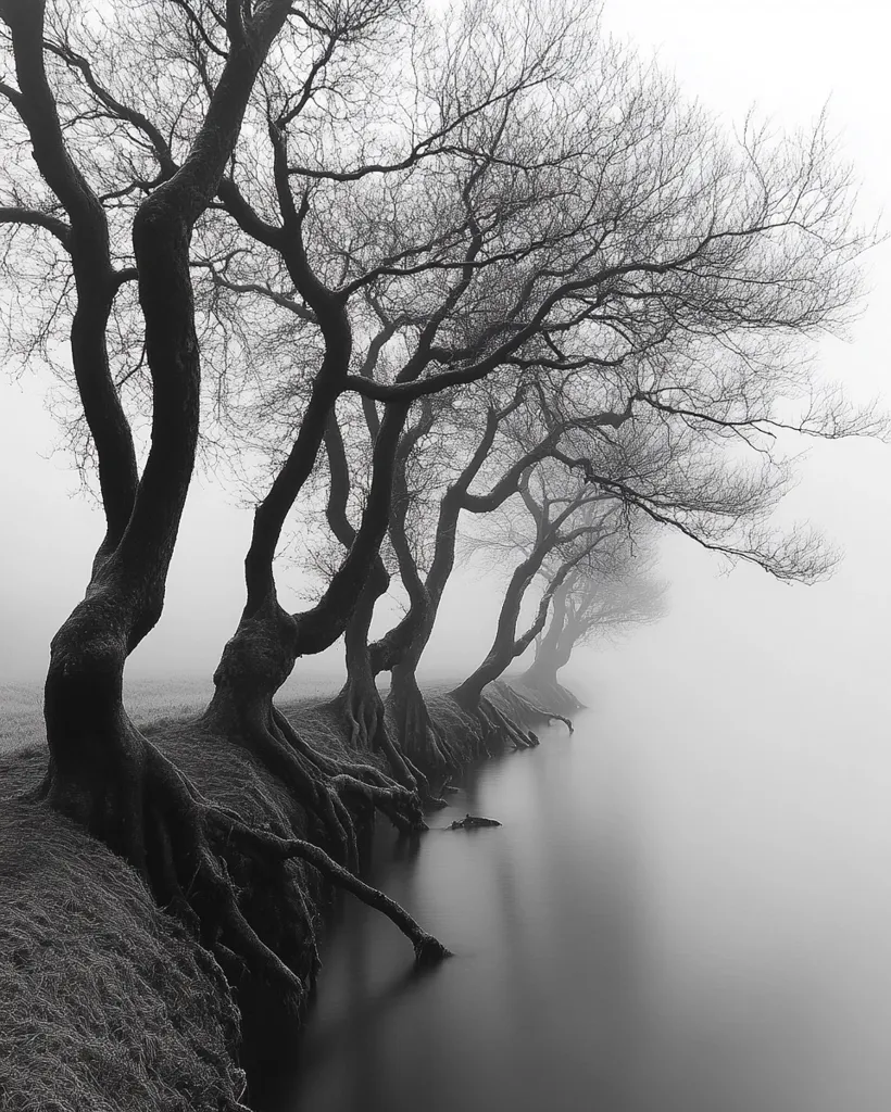 A monochrome landscape photograph depicts a series of leafless trees lining a calm body of water shrouded in mist.  Their exposed roots intertwine along the water's edge, creating a dramatic and ethereal scene. The fog adds to the mysterious and serene ambiance, emphasizing the stark beauty of the winter trees.  The long exposure softens the water, enhancing the peaceful atmosphere.