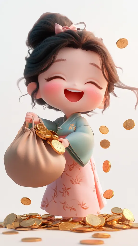 A cheerful, chibi-style girl with dark hair in a bun, wearing a pale pink and teal dress, joyfully holds a sack overflowing with gold coins.  More coins rain down around her, creating a pile at her feet.  Her rosy cheeks and wide, happy smile enhance the adorable, whimsical image. The overall style suggests a playful depiction of wealth and good fortune.