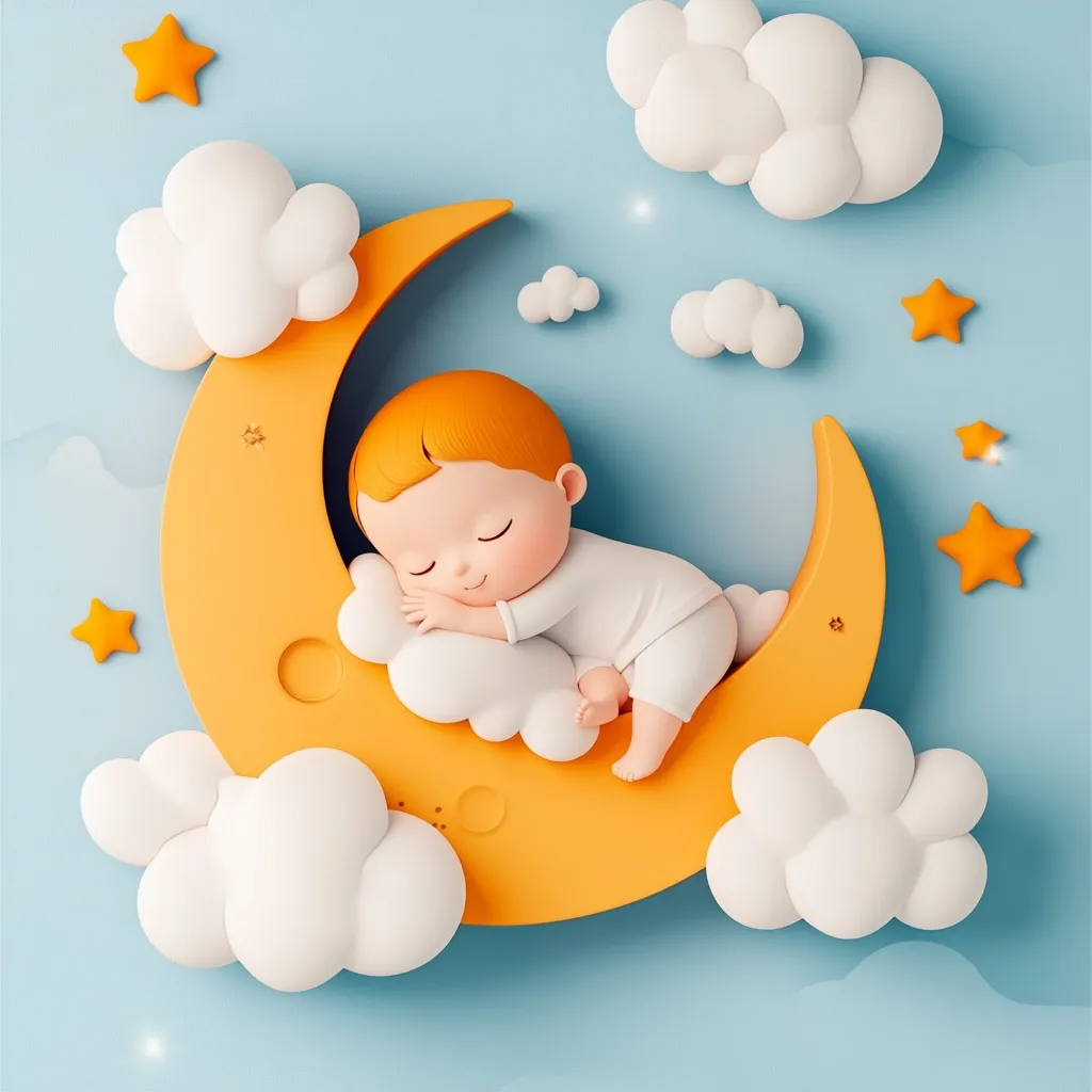 A cute, 3D-rendered baby with orange hair sleeps soundly on a crescent moon.  Surrounding the moon are fluffy white clouds and twinkling gold stars against a light blue sky. The image evokes a peaceful and dreamy nighttime scene, perfect for children's illustrations or sleep-related products.  The overall style is charming and sweet.