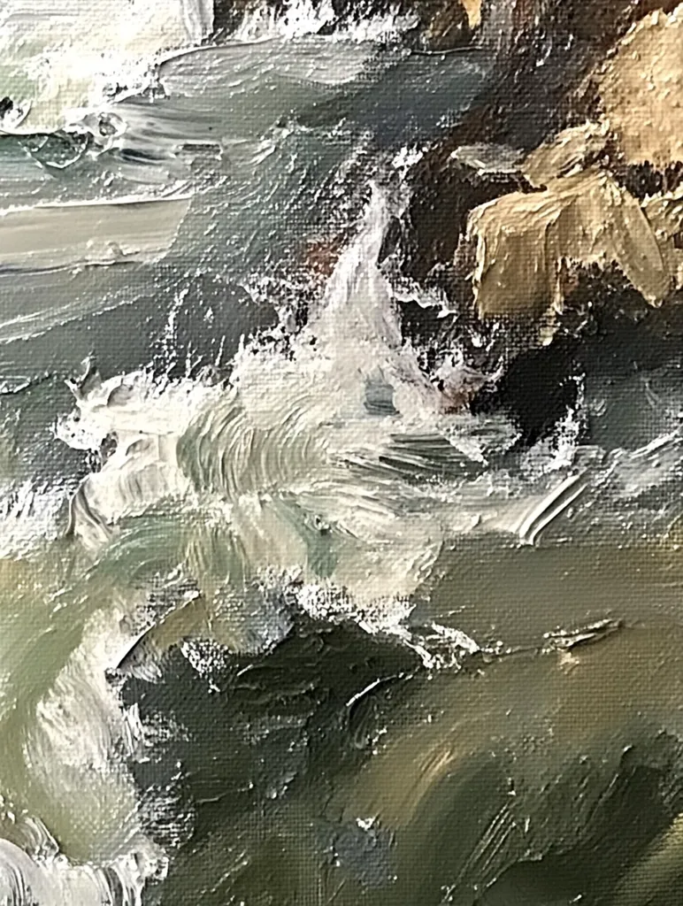 An impasto oil painting depicts a dynamic seascape.  White and grey paint strokes suggest crashing waves against dark, textured rocks. The artist uses thick application of paint to create a sense of movement and energy, focusing on the interplay of water and stone.  Muted greens and browns emphasize the rugged coastal scene.
