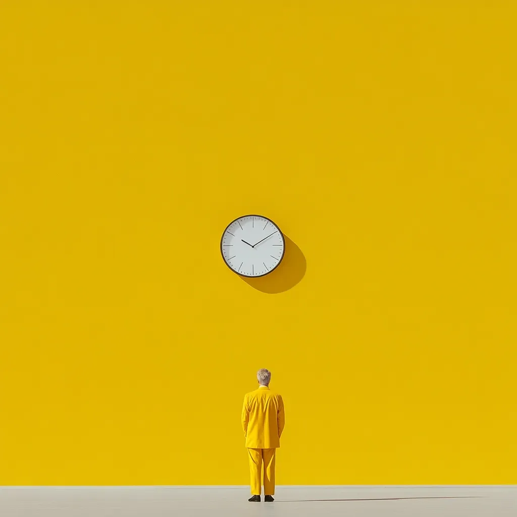 A man in a yellow suit stands facing a bright yellow wall, his back to the viewer.  A large, simple clock hangs on the wall above him. The minimalist composition evokes a feeling of waiting, time, or contemplation against a vibrant backdrop. The stark contrast between the man and the background emphasizes the solitary figure.
