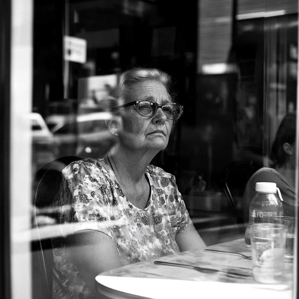 A black and white photo shows an older woman with glasses sitting at a table, viewed through a window.  Her expression is pensive, and she appears to be gazing thoughtfully beyond the camera.  The background is blurred, showing the reflections of a city street and other indistinct figures.  She wears a patterned blouse and sits in a chair. The overall mood is contemplative and slightly melancholic.
