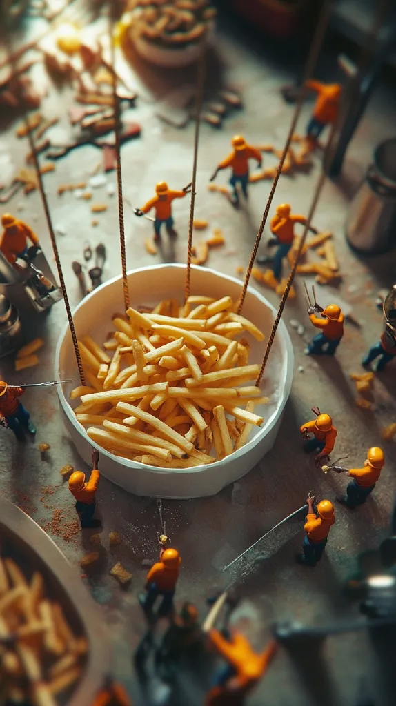 Miniature construction workers, clad in orange hard hats, meticulously construct a large bowl of french fries.  Suspended within a makeshift crane system, the fries are the centerpiece of this surreal scene.  Surrounding the main construction are smaller piles of fries and discarded tools, creating a whimsical, high-detail image. The overall effect is one of playful artistry and meticulous detail.