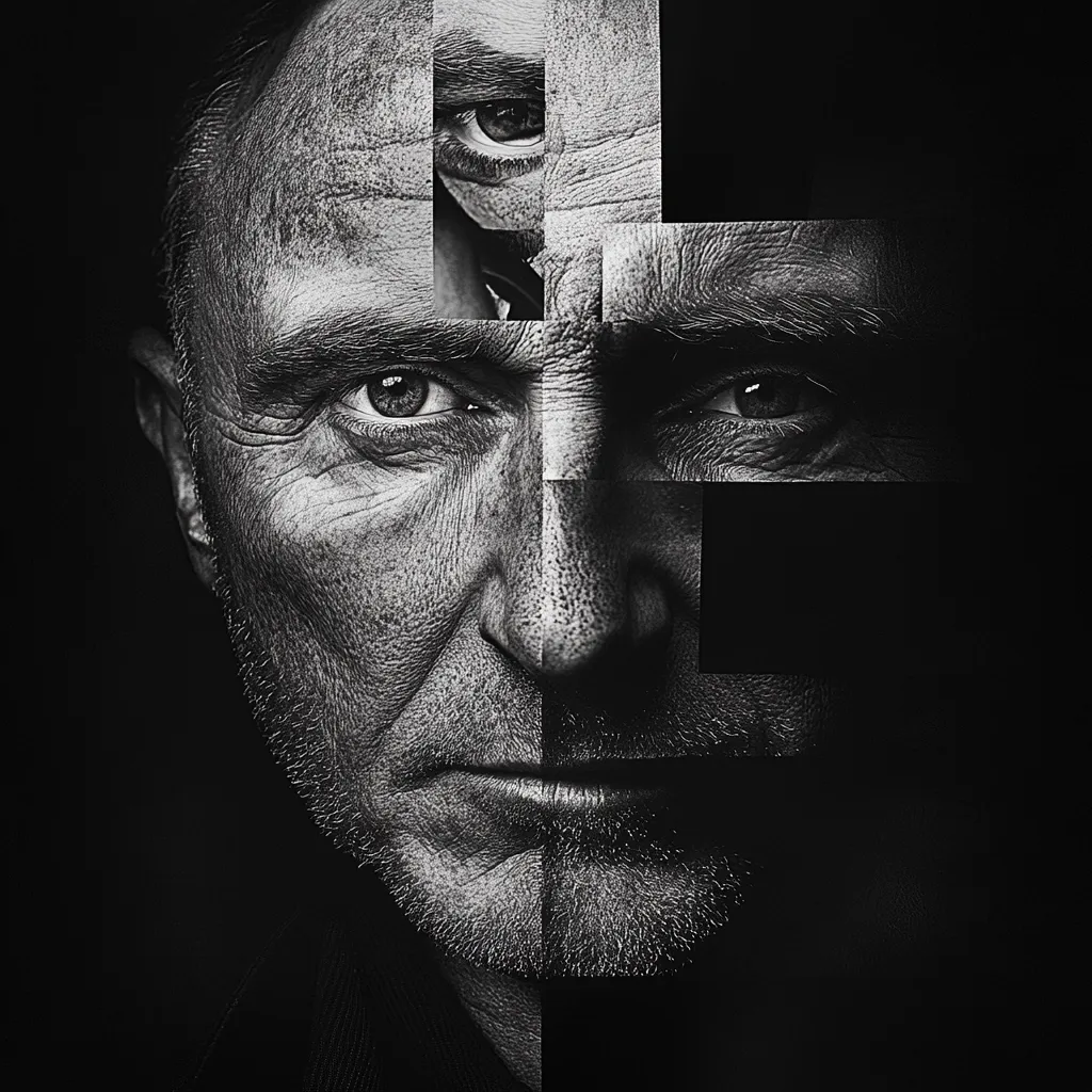 A black and white portrait of a man's face, fragmented into sections creating a cross-like pattern.  The image juxtaposes different expressions and textures of the same face, highlighting the complexities of identity and perception.  The stark contrast and fragmented nature emphasize a sense of mystery and introspection.  The deep shadows add to the dramatic mood.