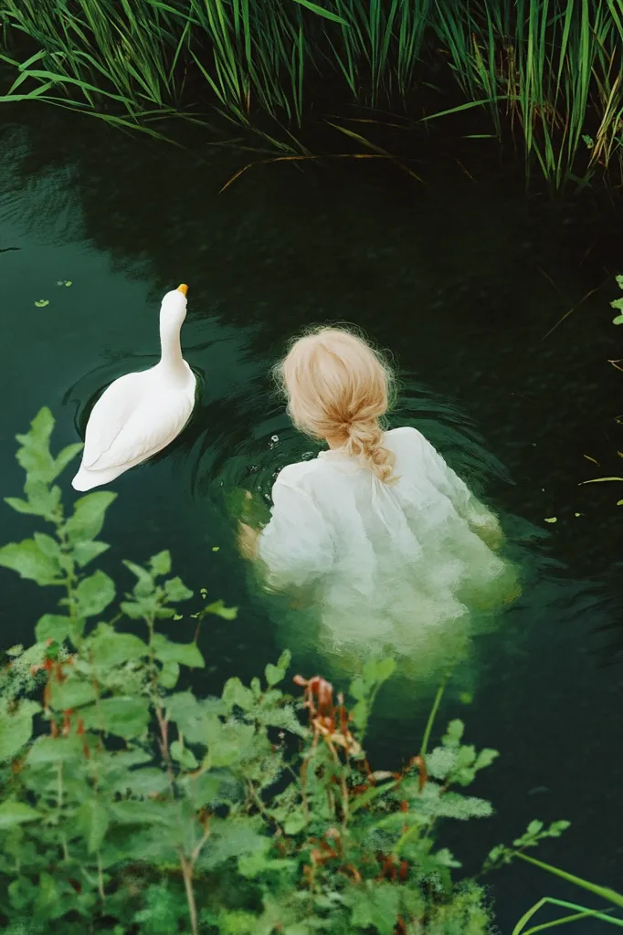 A blonde woman, wearing a white dress, is partially submerged in a dark green pond.  A white goose floats calmly nearby.  Lush green vegetation borders the water's edge, creating a serene and ethereal atmosphere. The scene is peaceful and evokes a sense of tranquility.