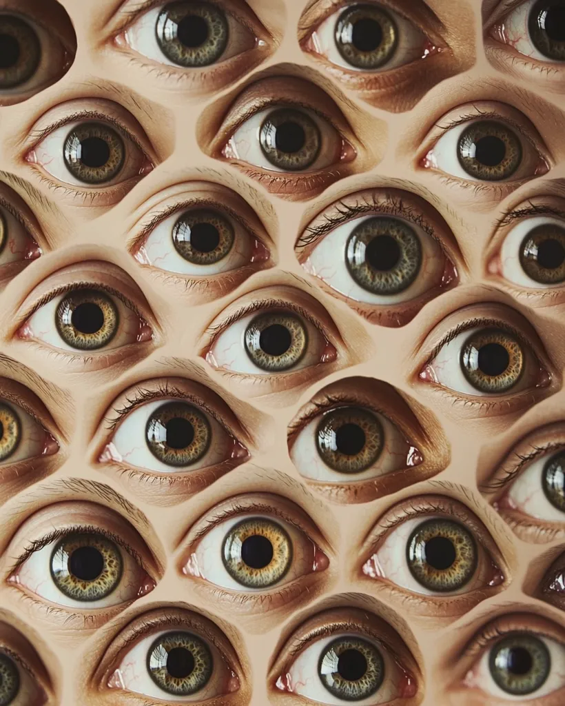 A collage of numerous eyes fills the frame, creating a repetitive and slightly unsettling pattern.  The eyes are realistically rendered, with varying shades of brown and green in the irises, and are closely packed together, almost overlapping. The overall effect is one of intense visual scrutiny and a sense of being watched.  The skin tones are consistent, suggesting a single source for the images.
