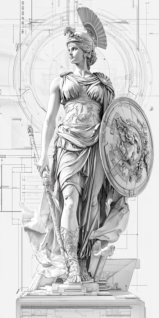A grayscale digital artwork depicts a statue of a female warrior. She wears a helmet, armor, and flowing robes, holding a spear and shield. Intricate details are visible on her clothing and weaponry. The background features superimposed architectural blueprints, creating a juxtaposition between classical sculpture and modern design. The overall style is realistic and meticulously rendered.