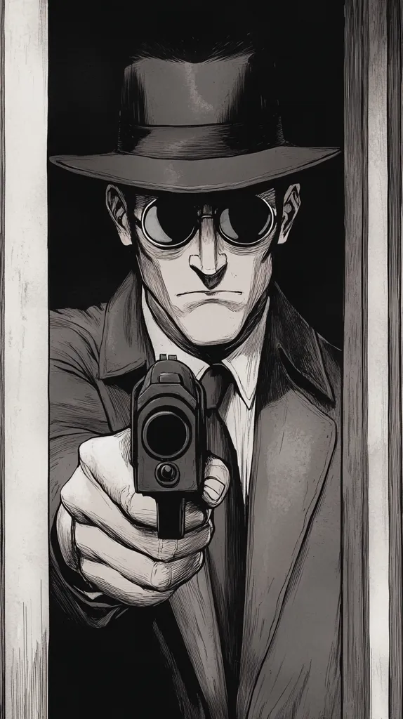 A monochromatic illustration depicts a man in a fedora and sunglasses, his face partially obscured by shadow.  He's dressed in a suit and holds a handgun, pointed directly at the viewer. The setting appears dark and confined, suggesting a clandestine encounter. The style is reminiscent of noir graphic novels or film posters, emphasizing mystery and tension.