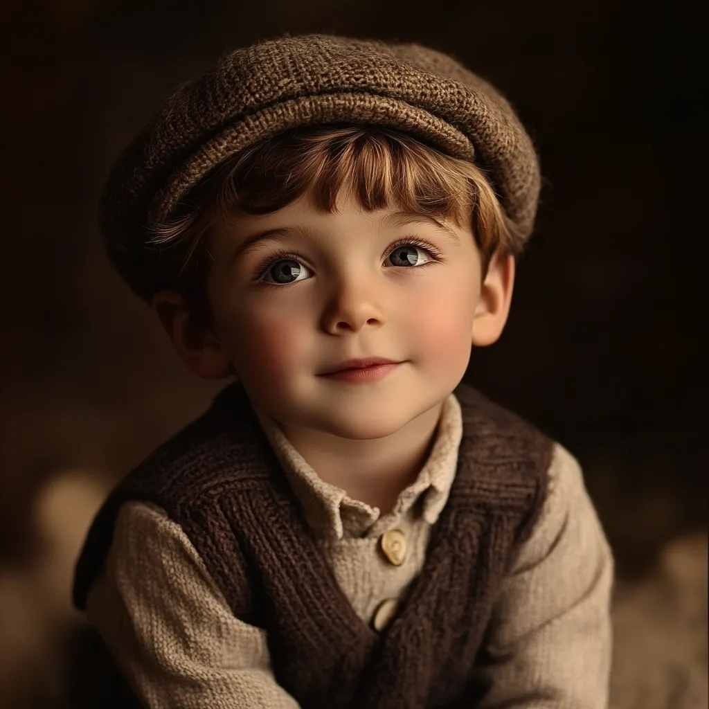 A charming young boy with rosy cheeks gazes upward, his expression thoughtful and serene. He's dressed in a vintage-inspired outfit: a brown newsboy cap sits atop his blond hair, complementing his beige long-sleeved shirt and brown knitted vest.  The soft lighting and muted tones of the image create a nostalgic and heartwarming atmosphere. The boy's captivating eyes and gentle demeanor are the focal points of this beautiful portrait.