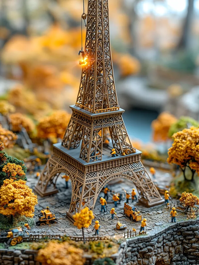 A miniature Eiffel Tower is under construction.  Tiny figures, wearing yellow, work on the structure and surrounding landscaping.  Small construction vehicles are also present. Autumnal trees with yellow leaves surround the base, creating a charming and detailed scene. The overall aesthetic is one of meticulous craftsmanship and playful scale. A worker is suspended from a crane, adding to the scene's dynamism.