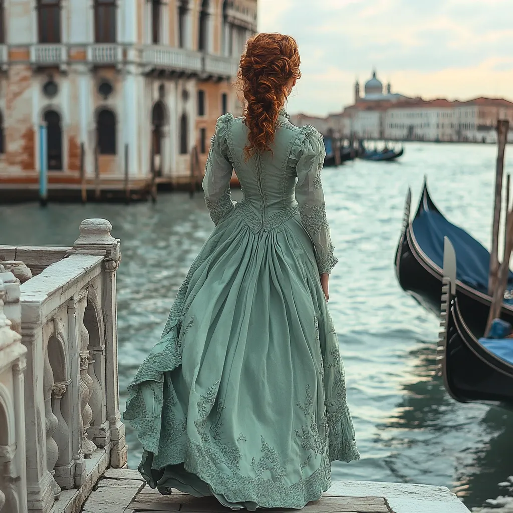 A woman with auburn hair styled in an updo wears a flowing, seafoam green gown adorned with delicate embroidery.  She stands on a Venetian canal-side walkway, her back to the camera, gazing out at the water where gondolas are moored.  The background features elegant Venetian architecture, creating a romantic and historical scene.