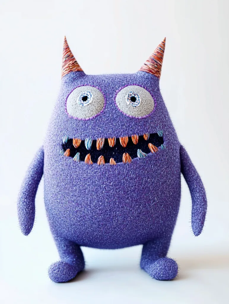 A charming purple stuffed monster with stitched details stands against a white backdrop.  It features large, expressive eyes, a toothy grin, and small horns. The textured fabric gives it a soft, handmade appearance.  The monster's friendly expression and playful design make it a delightful, whimsical toy.