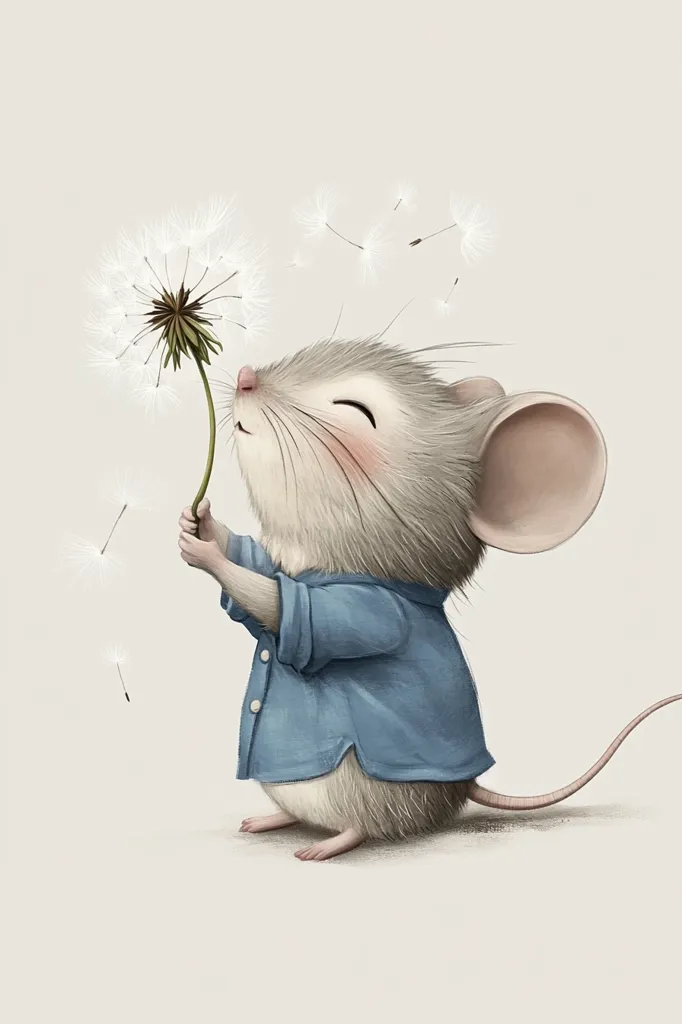 An adorable illustration features a small mouse, dressed in a denim shirt, gently holding a dandelion with seeds scattering in the wind.  The mouse's expression is serene and content, creating a whimsical and heartwarming scene. The muted color palette and soft lines enhance the image's gentle and peaceful mood.