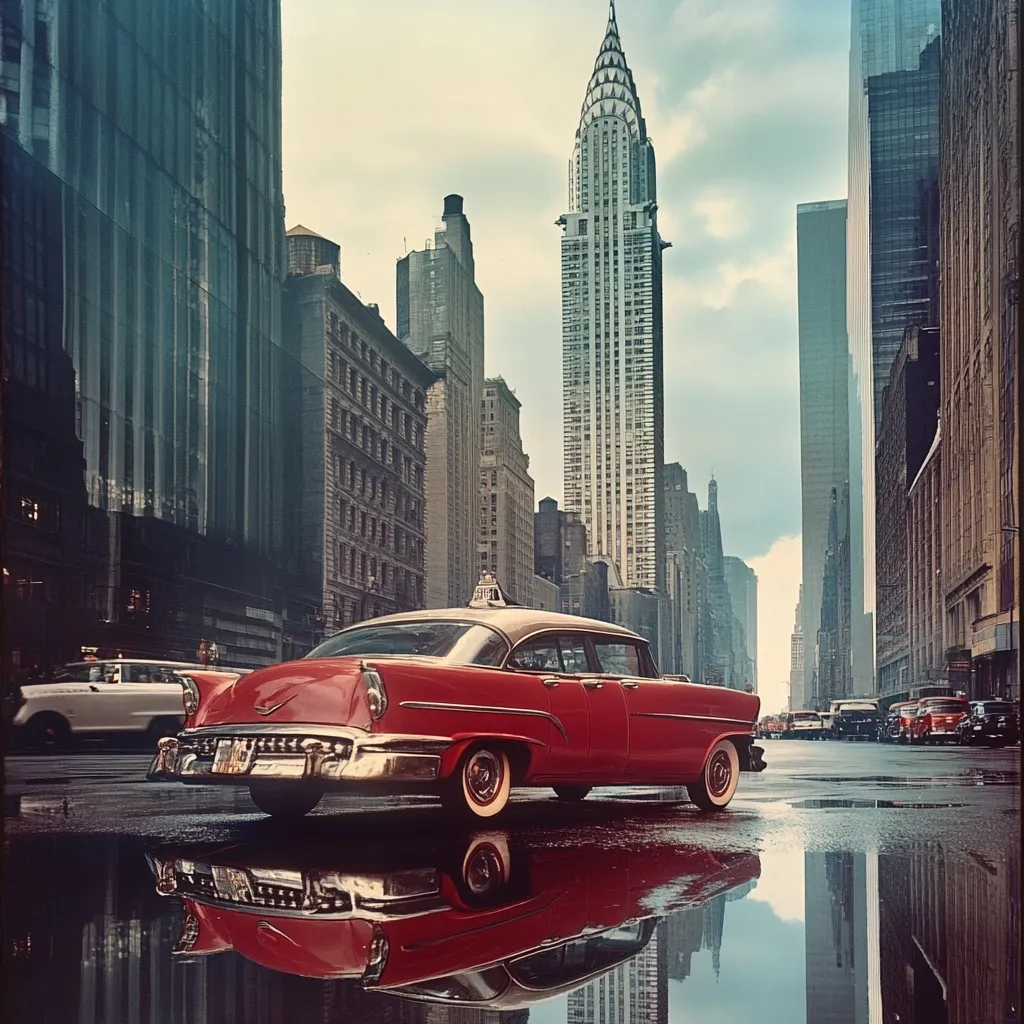 A vibrant red vintage car, possibly a taxi, is parked on a rain-slicked New York City street.  The Chrysler Building dominates the background, its Art Deco spire piercing the overcast sky.  Tall skyscrapers line the avenue, reflecting in the puddles on the street, creating a striking image of mid-20th century urban life.  The scene is both nostalgic and visually captivating.