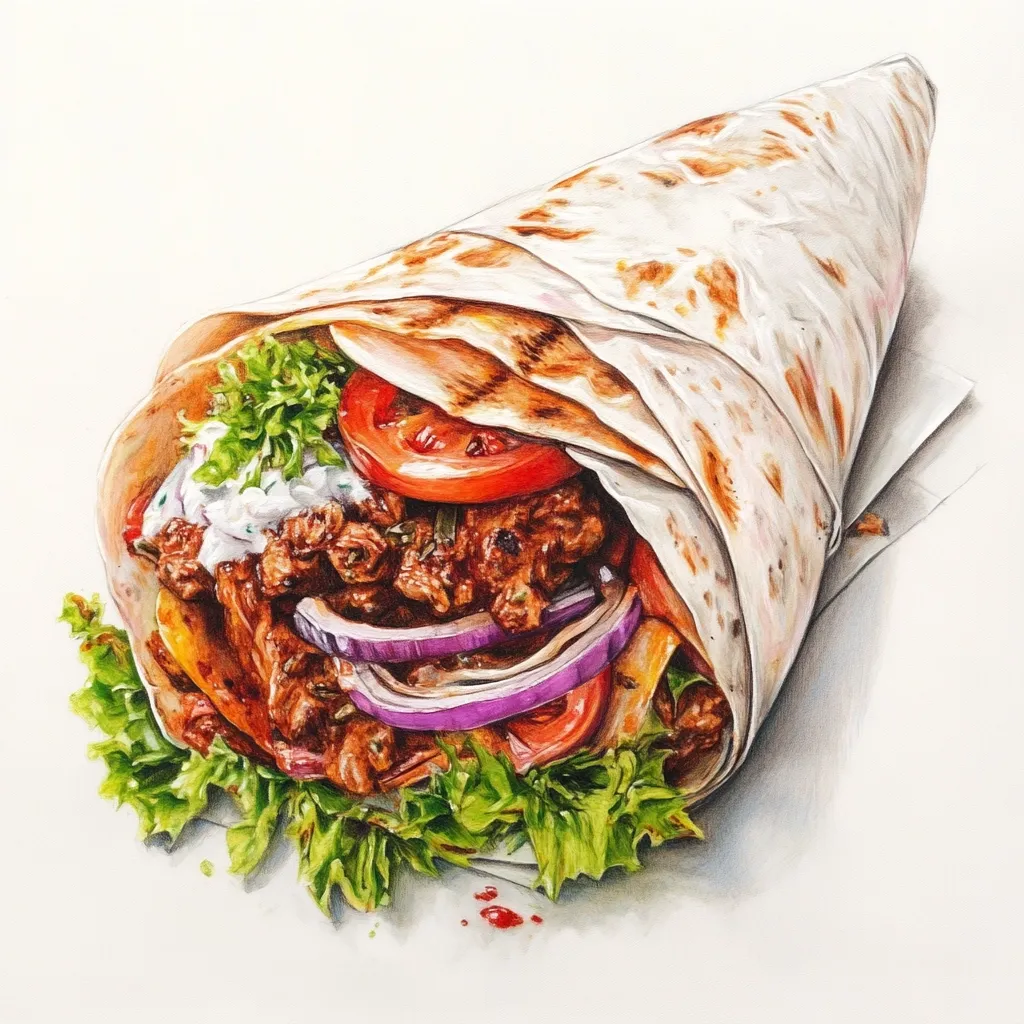 A detailed colored pencil drawing depicts a delicious-looking kebab wrapped in a cone-shaped flatbread.  The filling is visible, showcasing savory meat, vibrant red tomatoes, thinly sliced red onions, a creamy sauce, and fresh green lettuce.  The flatbread is lightly browned, suggesting it's been grilled. The overall presentation is appetizing and realistically rendered.