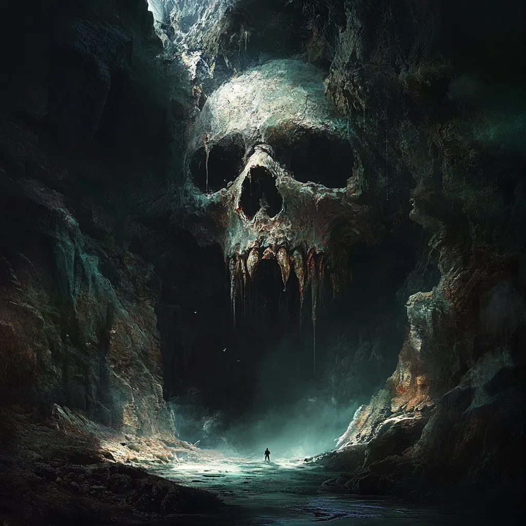 A lone figure stands before a colossal, decaying skull forming the entrance to a dark, damp cave.  The skull is massive, its jaw agape, revealing rows of decaying teeth and dripping fluids.  The cave walls are textured and uneven, hinting at age and decay. The scene is ominous and evokes a sense of mystery and dread.  The overall atmosphere is dark, foreboding, and fantastical.