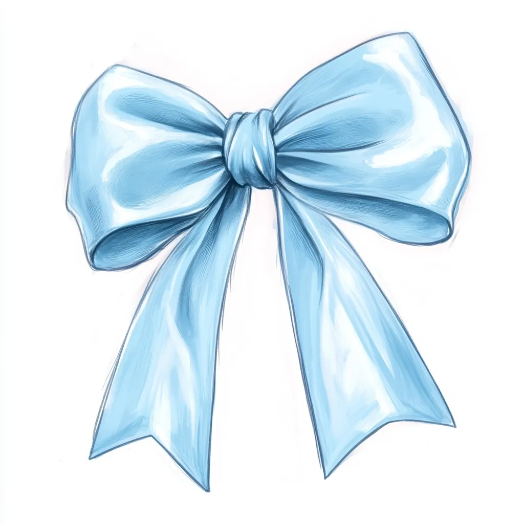 A light blue ribbon is tied into a large, elegant bow. The satin-like texture of the ribbon is depicted with subtle shading and highlights, creating a sense of depth and realism. The bow is presented against a clean white background, emphasizing its delicate form and pastel color.  The illustration style is reminiscent of a fashion sketch or a gift wrap design.