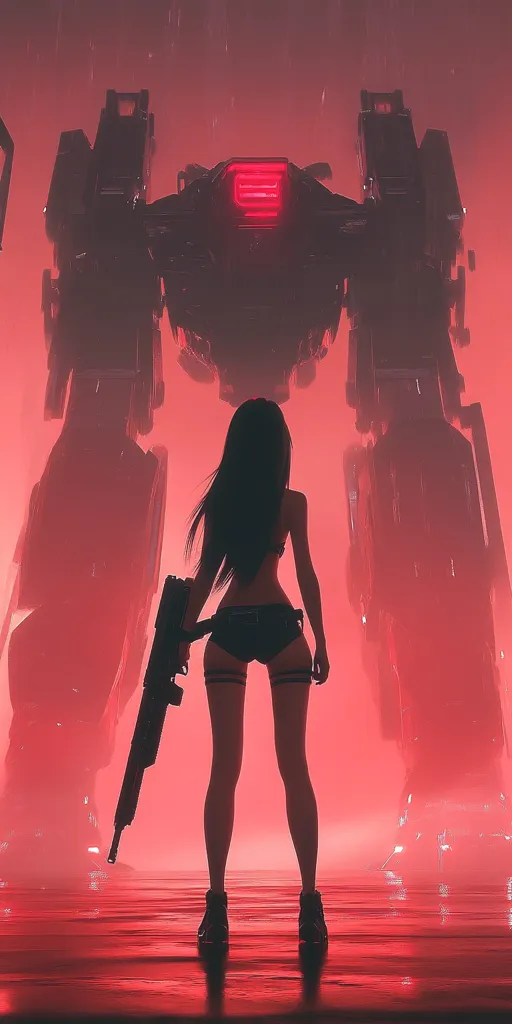 A woman in dark clothing stands before a large, imposing mecha in a red-hued, rain-swept environment.  She holds a rifle, her silhouette stark against the mech's imposing form. The scene is dramatic and evokes a sense of tension, possibly depicting a confrontation or a moment of anticipation. The overall aesthetic is futuristic and gritty.
