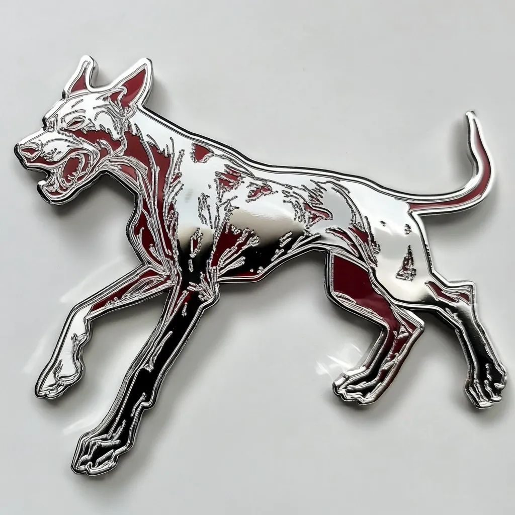 A chrome-colored metal pin depicts a stylized dog in motion.  The dog's anatomy is subtly outlined in a dark red, creating a layered effect.  The piece is highly polished, reflecting light.  The dog is depicted mid-stride, appearing energetic and alert with its mouth open in a snarl.  The overall design is sleek and modern with a hint of anatomical detail.
