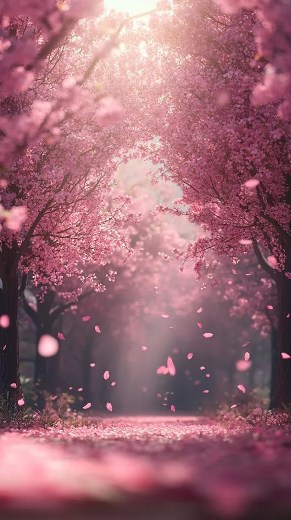 A dreamy pathway winds through a blossoming cherry tree tunnel.  Pink petals gently fall like soft rain, creating a magical, ethereal atmosphere bathed in sunlight.  The scene is serene and romantic, evoking feelings of tranquility and wonder.  The focus softens towards the path, leading the eye into the enchanting pink landscape.