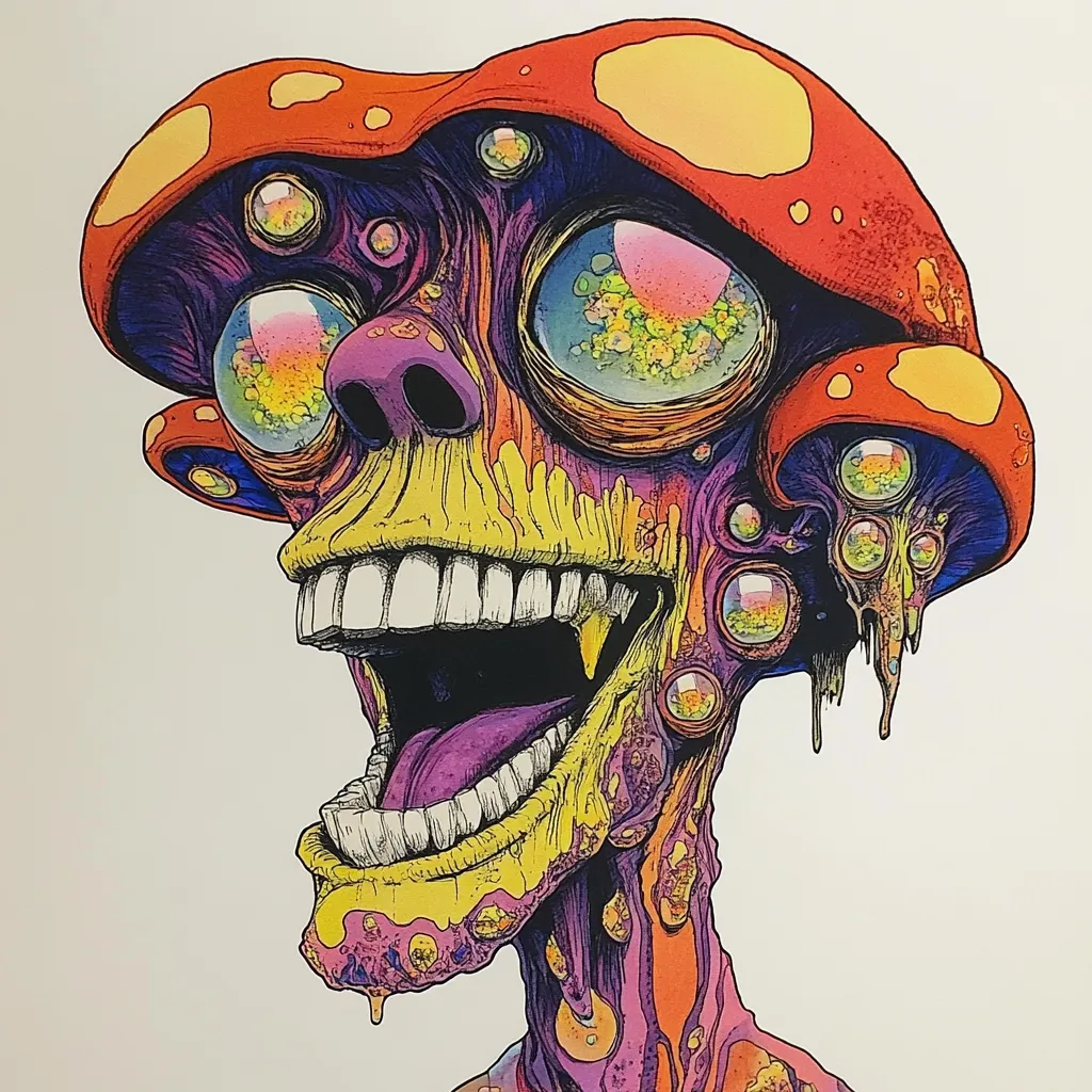 A vibrant, psychedelic illustration depicts a grotesque, smiling creature.  Its head resembles a melting, multicolored mushroom with bulbous, eye-like protrusions.  The creature's wide, toothy grin reveals a purple tongue, and its skin is a chaotic blend of yellows, purples, and oranges, giving an overall impression of melting flesh or hallucinogenic imagery.  The style is detailed and cartoonish, with a focus on bold colors and contrasting textures.