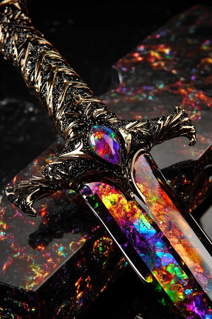 A close-up reveals an ornate dagger, its blade and hilt shimmering with iridescent, jewel-toned colors.  The blade appears to be crafted from a material resembling vibrant, fractured opal.  Intricate gold and black detailing adorns the hilt, culminating in a striking gemstone at its apex.  The dagger rests on a matching, richly colored surface.