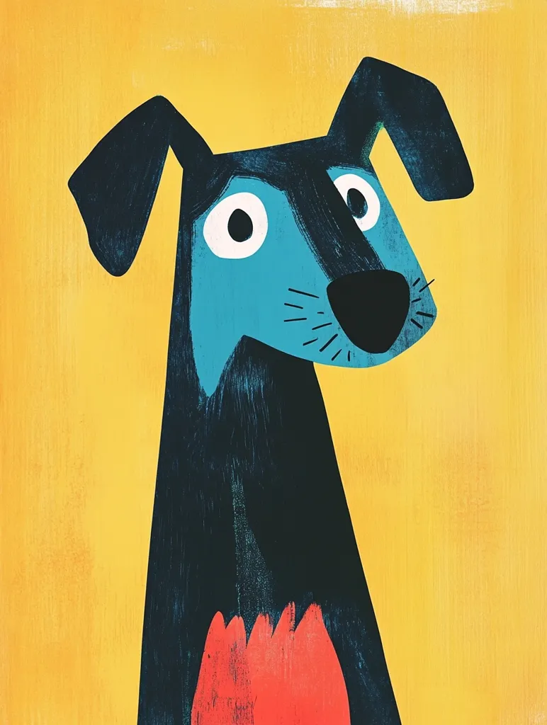 A stylized illustration of a dog against a vibrant yellow background. The dog is depicted with large, expressive eyes, dark blue-black ears and body, and a teal-colored face.  A splash of red is visible at the dog's lower body. The artistic style is bold and graphic, using textured brushstrokes.