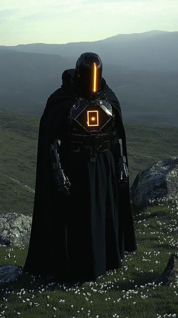 A lone figure, clad in a dark cloak and futuristic armor, stands amidst a field of small white flowers. The armor's sleek, black design is accented by a glowing orange vertical line on the helmet. The backdrop features rolling hills under a muted sky, creating a serene yet mysterious atmosphere. The figure's posture suggests contemplation or observation of the landscape. The overall image evokes a sense of solitude and technological advancement in a natural setting.