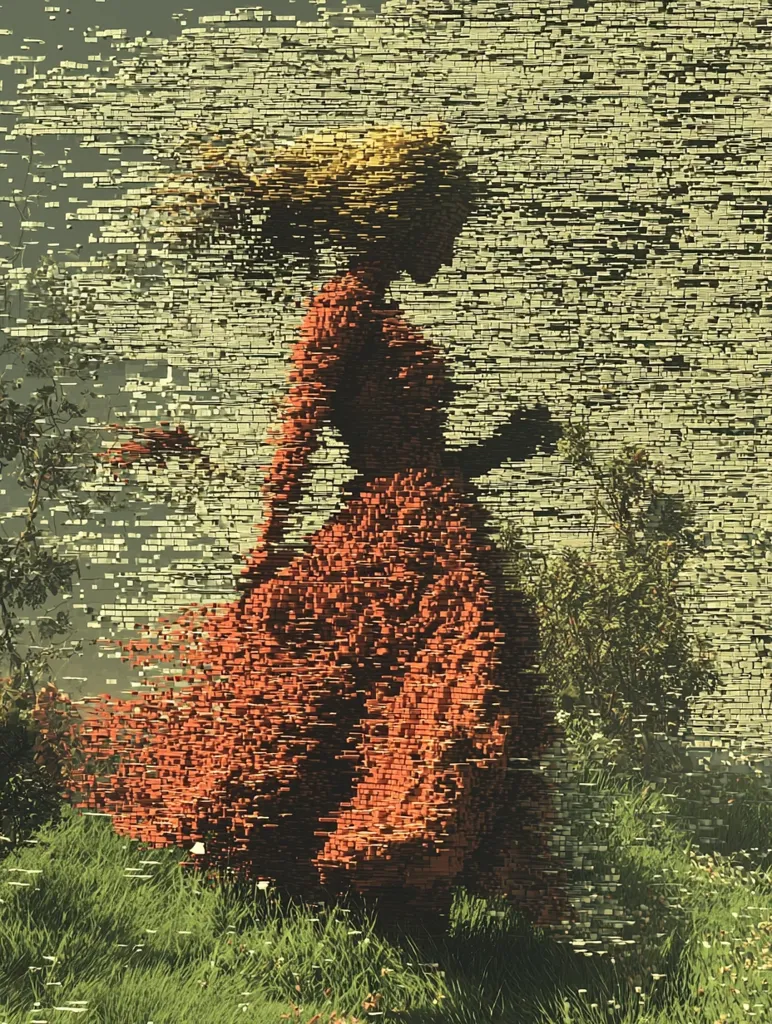 A digital painting depicts a woman in a long, red dress walking through a field.  Her blonde hair flows behind her.  The image is rendered in a pixelated, blocky style, giving it a fragmented, almost dissolving appearance, particularly in the background. The overall effect is dreamy and slightly surreal. The grassy field is vibrant green, contrasting with the warm tones of the dress and hair.