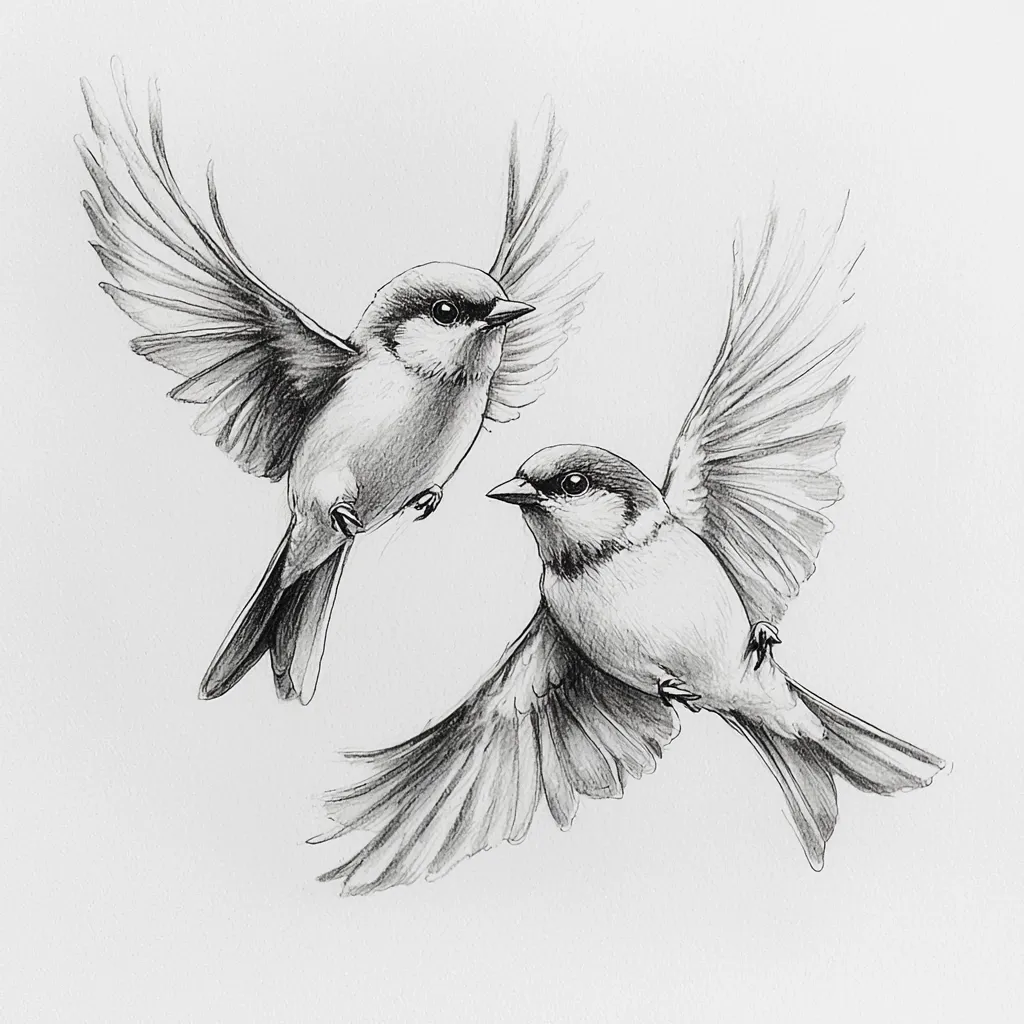 A detailed pencil sketch depicts two birds in mid-flight, wings outstretched.  The birds, possibly sparrows, are rendered with meticulous attention to detail, showing individual feathers and subtle shading.  They appear to be flying in close proximity, creating a sense of connection and movement. The overall style is realistic, emphasizing the graceful form and delicate nature of the avian subjects.