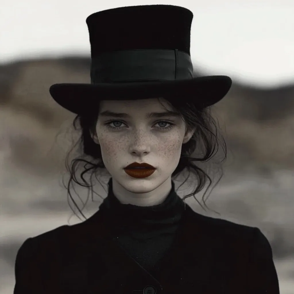 A young woman with freckles and dark hair wears a black top hat and dark clothing.  Her expression is serious, and she has dark, reddish-brown lipstick. The monochrome palette emphasizes her striking features and the Victorian-era style of her attire. The background is blurred, focusing attention on the model.  Her gaze is direct and intense.