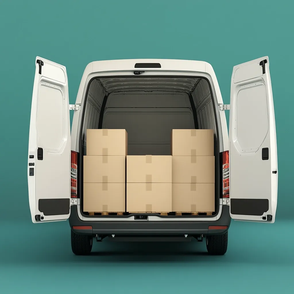 A white delivery van is shown with its rear doors open, revealing numerous cardboard boxes neatly stacked on a pallet inside.  The boxes are uniformly sized and fill most of the cargo space. The van is positioned against a teal backdrop. The image suggests delivery, logistics, or transportation services.