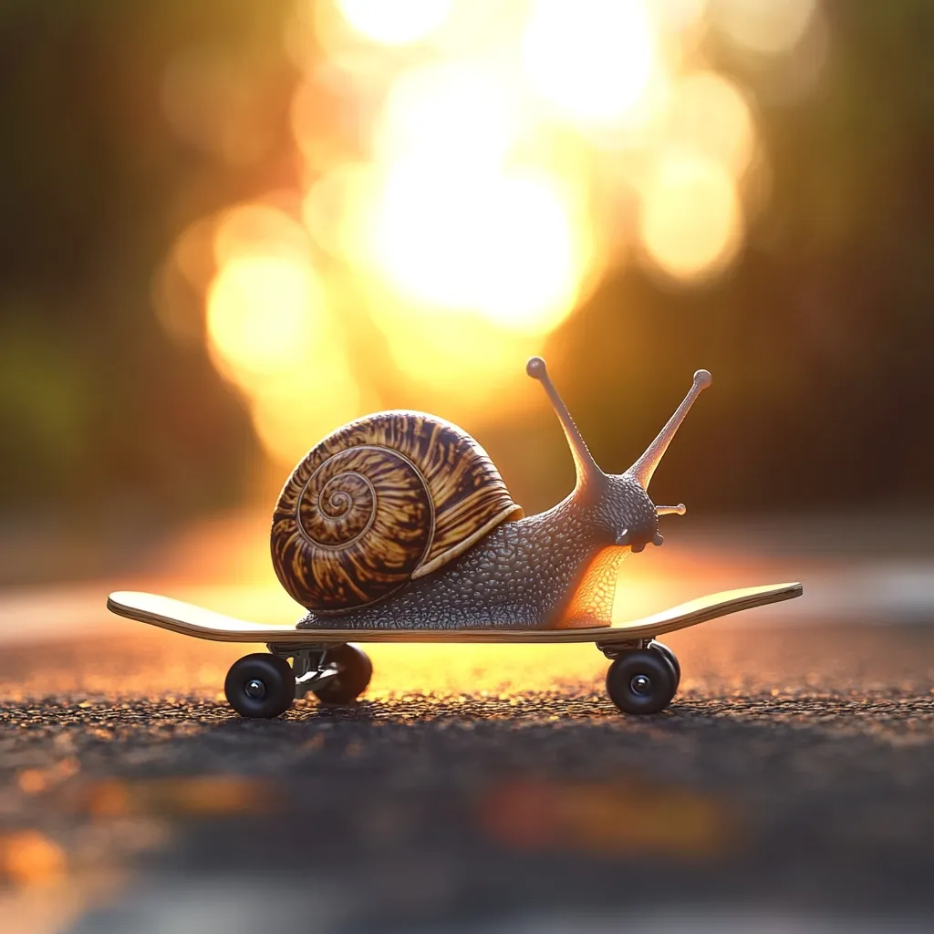 A snail rides a tiny skateboard at sunset.  The snail, with its intricately patterned shell, is positioned centrally on the board, its antennae extended. The warm golden light of the setting sun creates a bokeh effect in the background, enhancing the whimsical nature of the scene.  The miniature skateboard and the snail create a charming and unexpected juxtaposition.