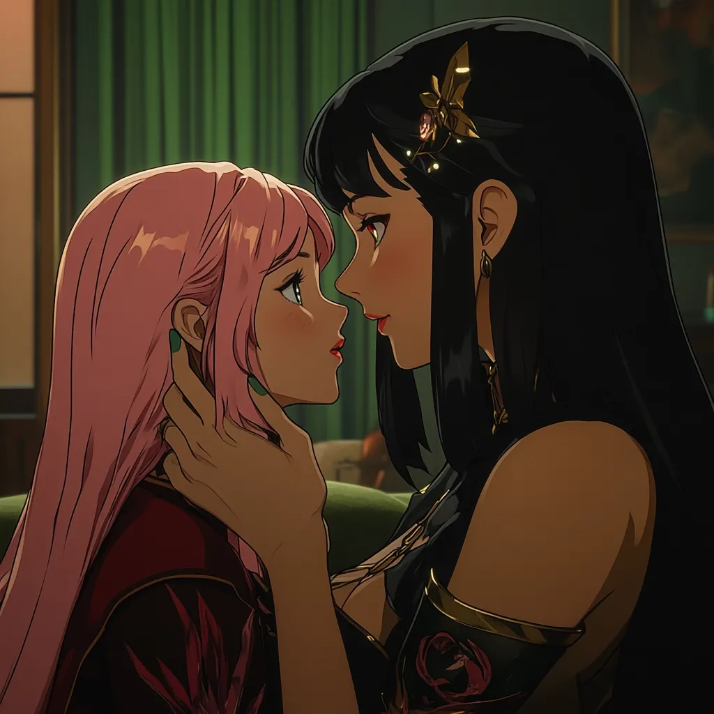 Two anime-style women are intimately close, their faces inches apart. One has long pink hair and wears a maroon and black outfit.  The other has long black hair adorned with a gold butterfly ornament and a dark, ornate top.  The scene is set in a dimly lit room with green curtains, suggesting a romantic and intense moment between the two characters.  Their expressions are soft and loving.