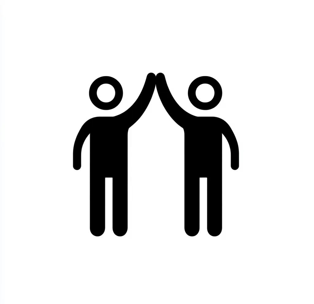 The image shows a simple, black pictogram of two figures giving each other a high five.  The figures are stylized, with circular heads and simple body shapes.  The design is minimalist and conveys a sense of teamwork, collaboration, or celebration. The high five represents agreement, success, or shared accomplishment.