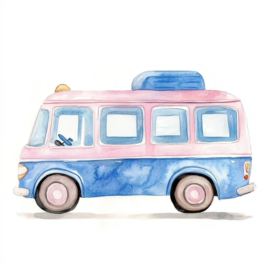 A watercolor painting depicts a whimsical, vintage-style bus.  The bus is predominantly blue with a pink upper section, featuring multiple windows and a small blue rooftop carrier.  The wheels are large and detailed, adding to the charming, childlike quality of the illustration. The style is simple yet expressive, capturing a sense of lighthearted adventure.