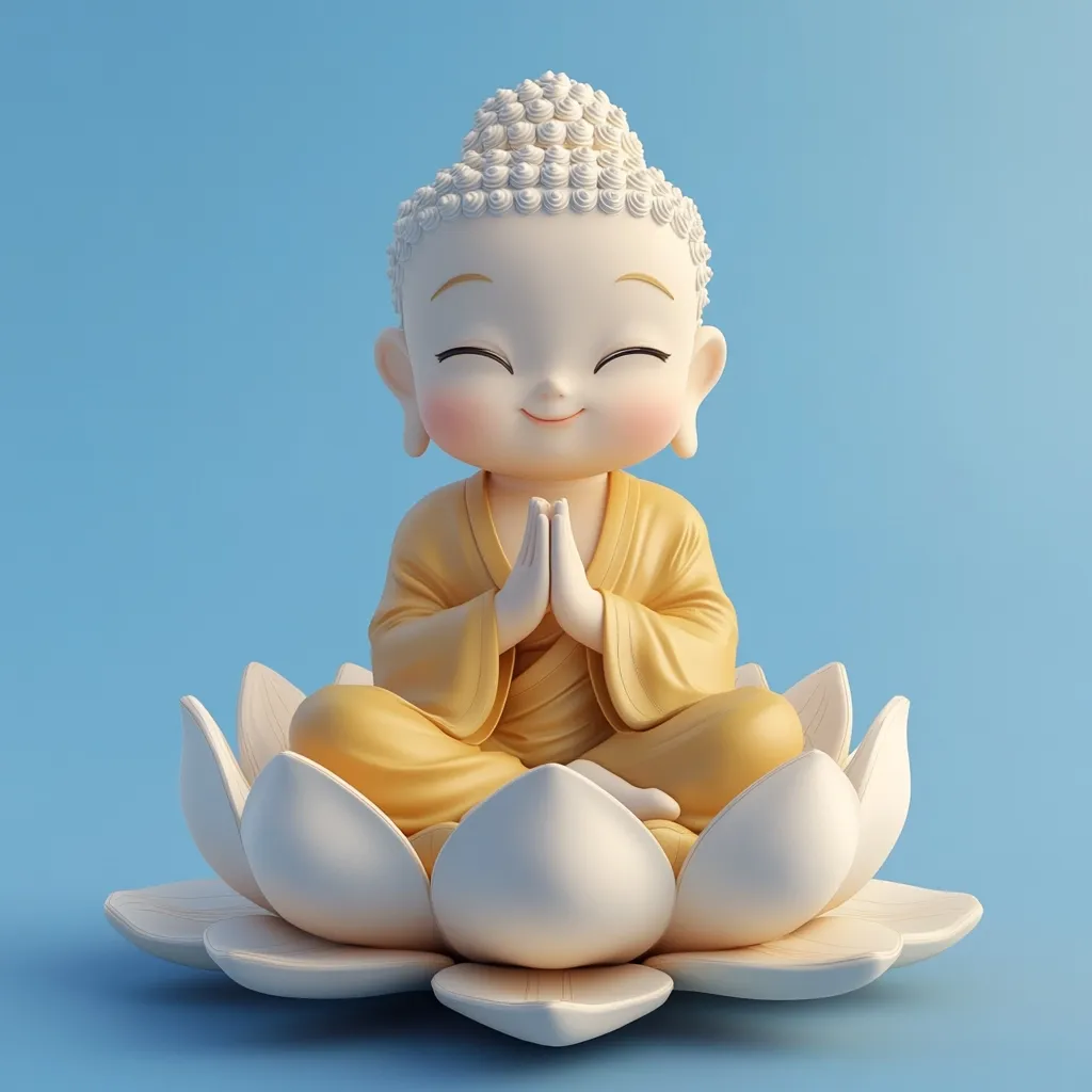 A charming, stylized figurine of a young Buddha is depicted.  Seated in a serene lotus position, the Buddha's hands are pressed together in prayer.  The figure is rendered in a soft, pastel color palette, with a light yellow robe and a white lotus blossom base. The overall aesthetic is peaceful and calming, suitable for meditation or display.