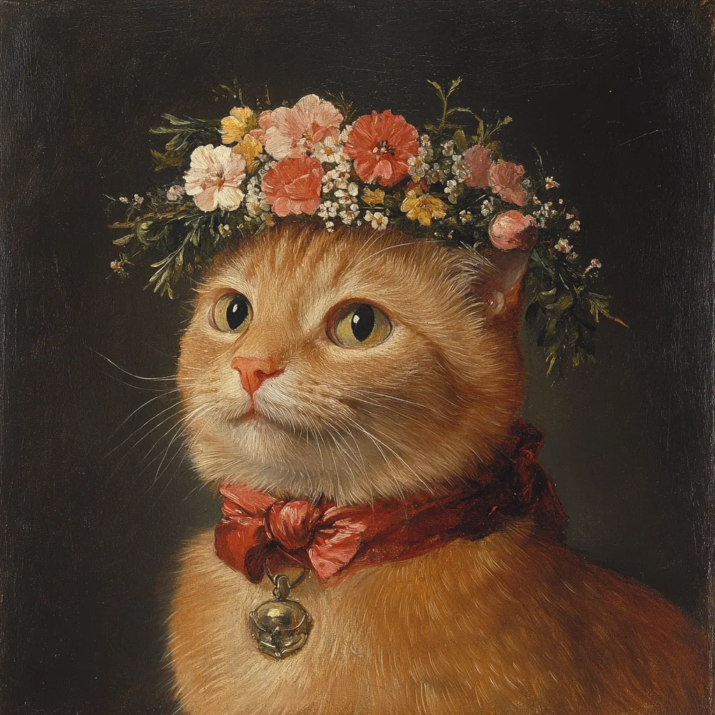 A ginger cat is depicted in a painting, adorned with a vibrant floral crown and a dark red bow tie.  The cat's gaze is directed slightly upward and to the left, conveying a sense of quiet dignity. The dark background accentuates the cat's fur and the bright colors of the flowers. A small, ornate bell hangs from the tie, adding a touch of elegance. The overall style suggests a classical portrait, with meticulous detail in the rendering of the fur and flowers.