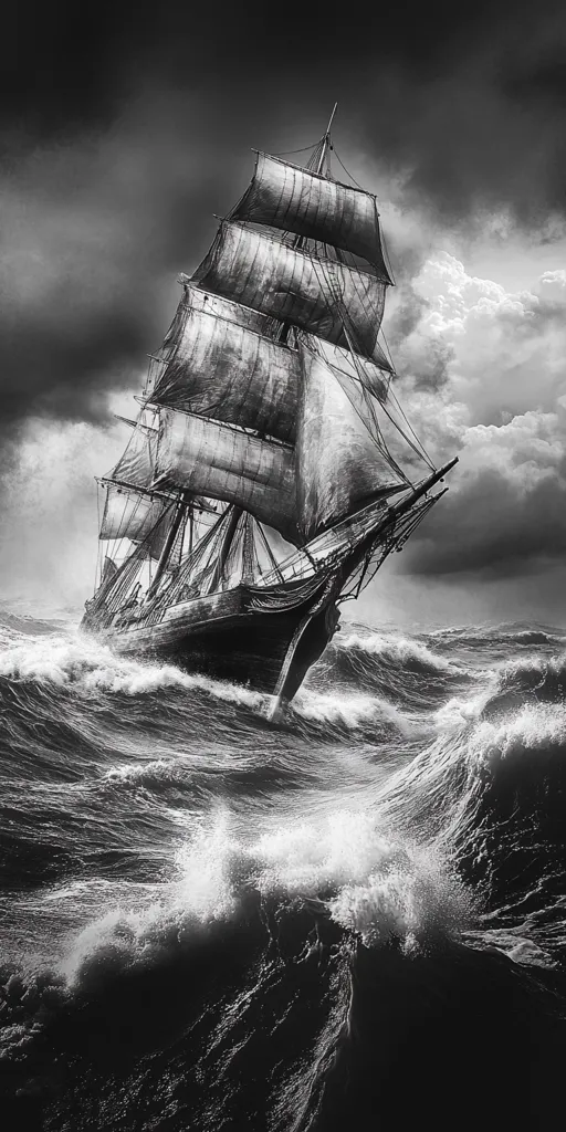 A majestic sailing ship, its sails billowing, bravely navigates a tempestuous sea.  The monochrome image captures the drama of the moment, with crashing waves surging around the vessel.  Dark, brooding clouds fill the sky, enhancing the atmosphere of struggle and determination. The ship's silhouette stands out against the powerful ocean, conveying a sense of both peril and unwavering spirit.