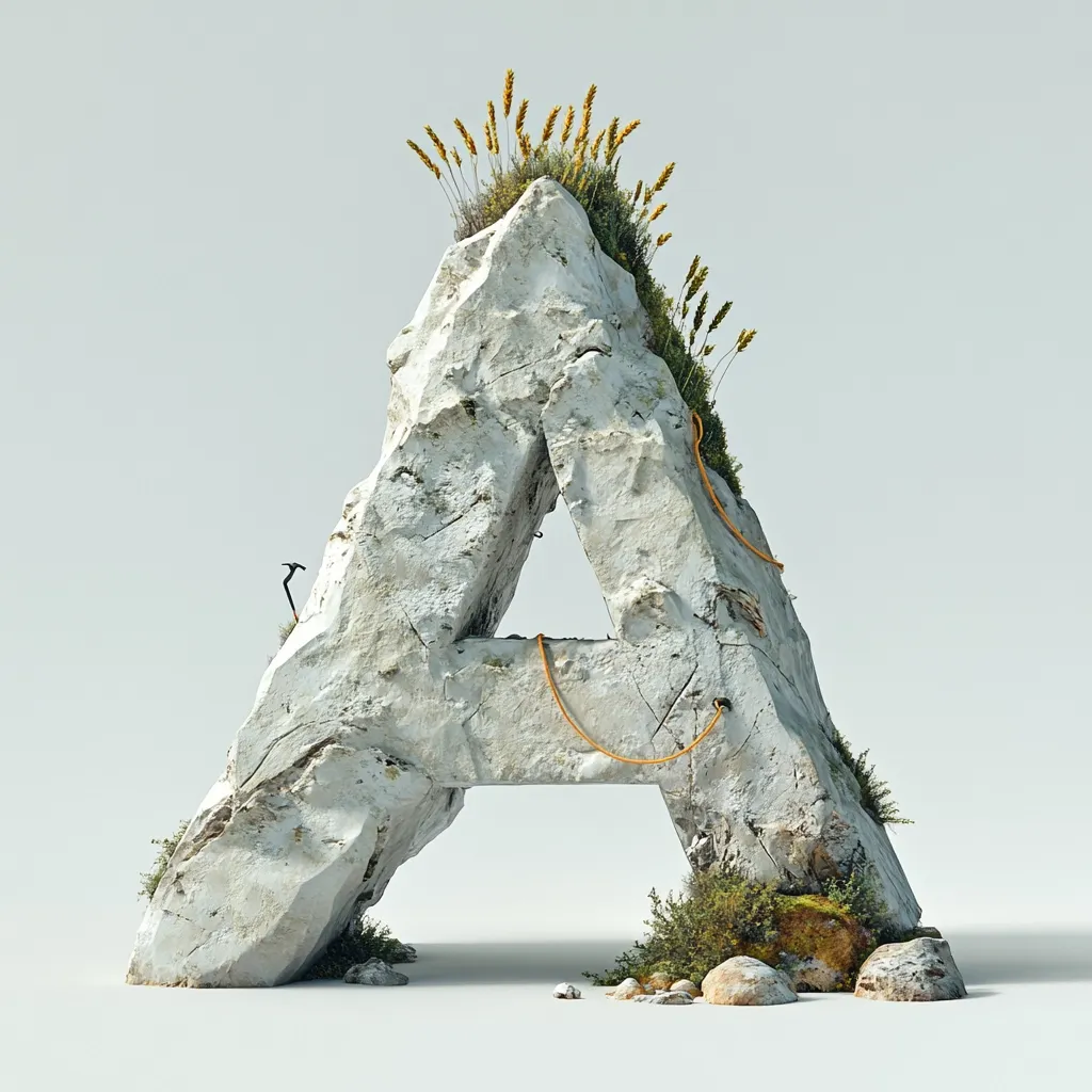 A three-dimensional letter "A" is formed from a rough, textured rock formation.  Patches of vegetation, including small plants and wheat-like stalks, sprout from crevices in the stone. A small ice axe is embedded near the left side, and a length of yellow rope is draped across the letter's central opening.  The overall effect is one of rugged natural beauty.